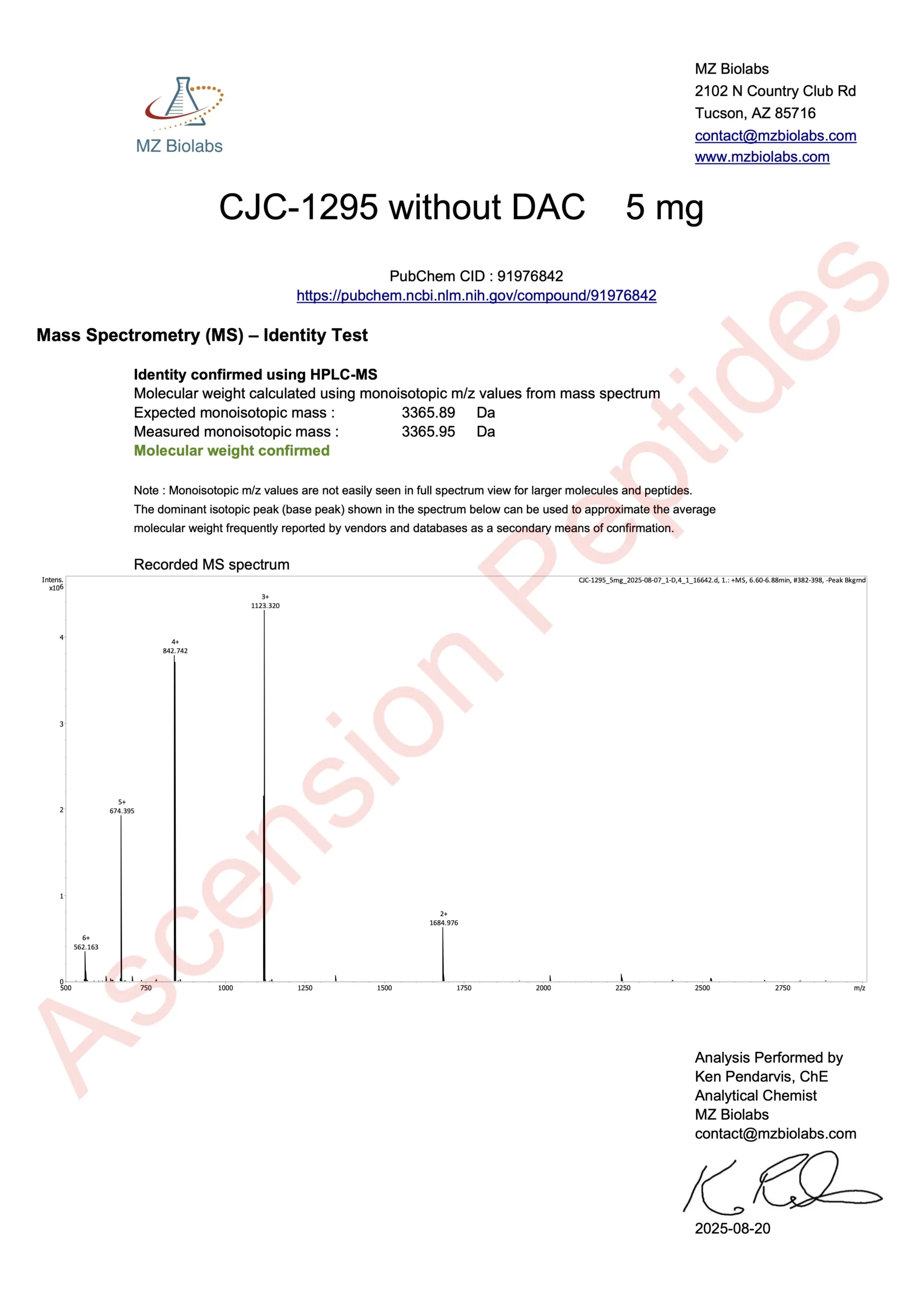 CJC-1295 (No DAC) (5mg) Certificate of Analysis from Ascension Peptides