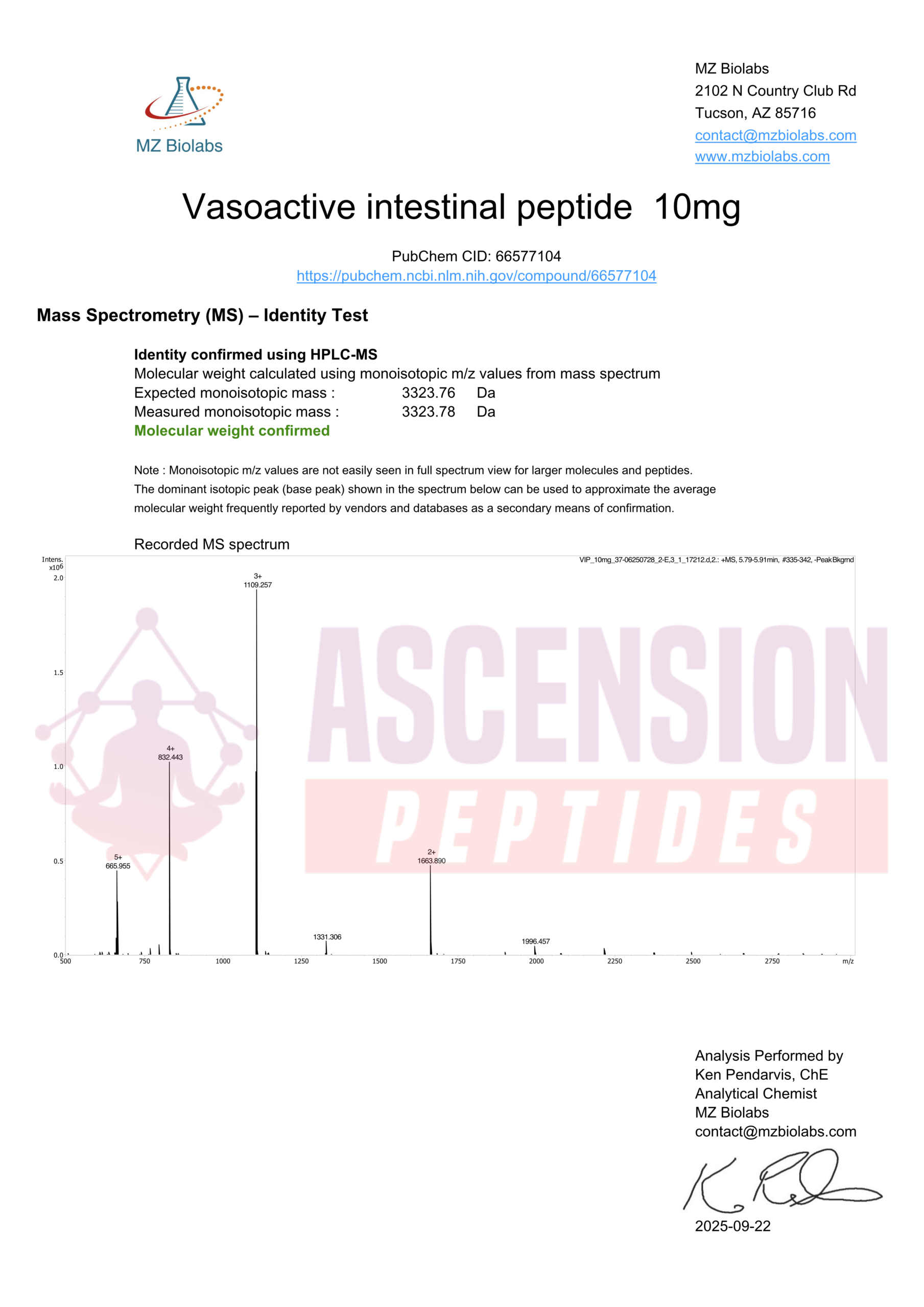VIP (10mg) Certificate of Analysis from Ascension Peptides