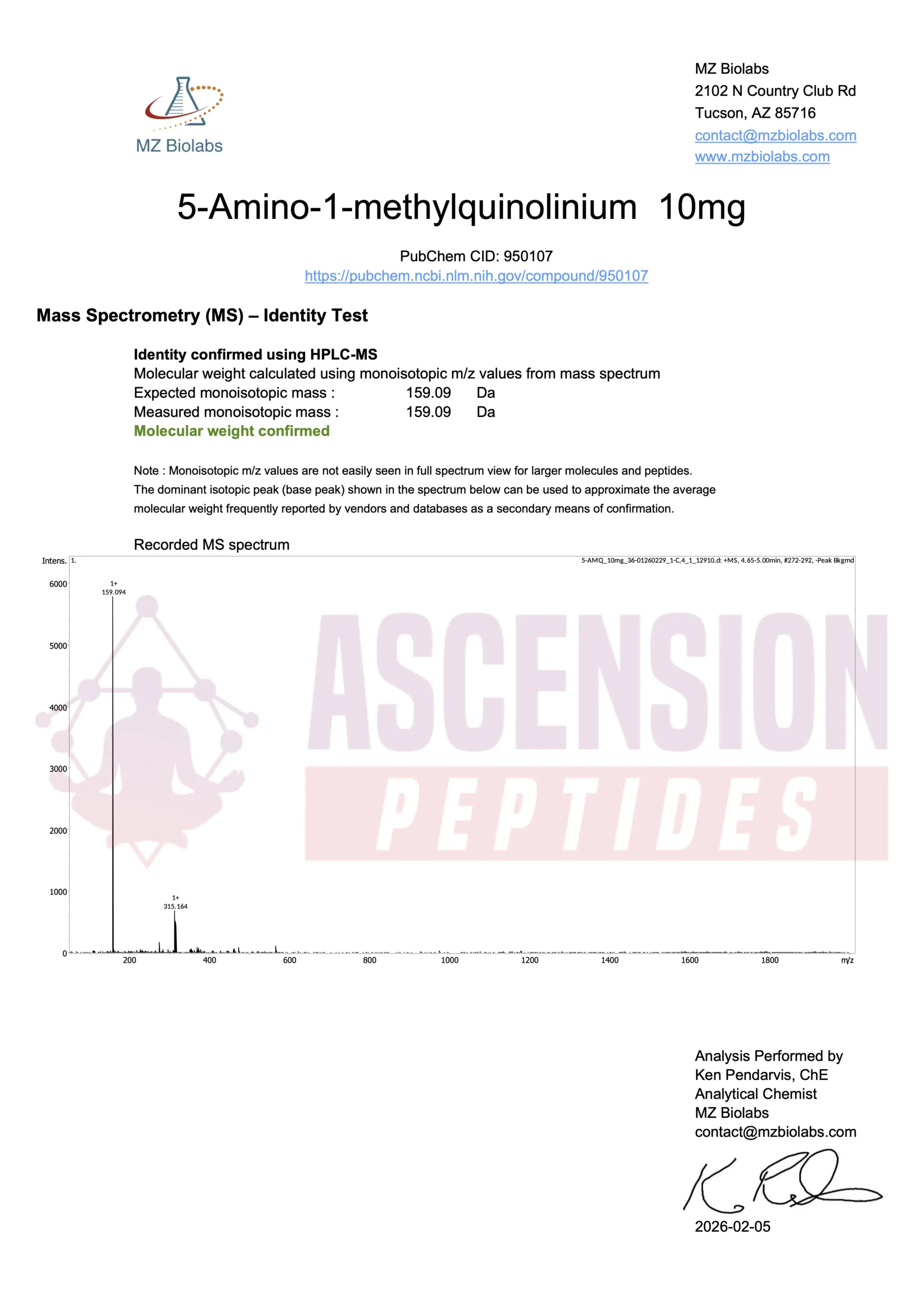 5-Amino-1MQ (10mg) Certificate of Analysis from Ascension Peptides