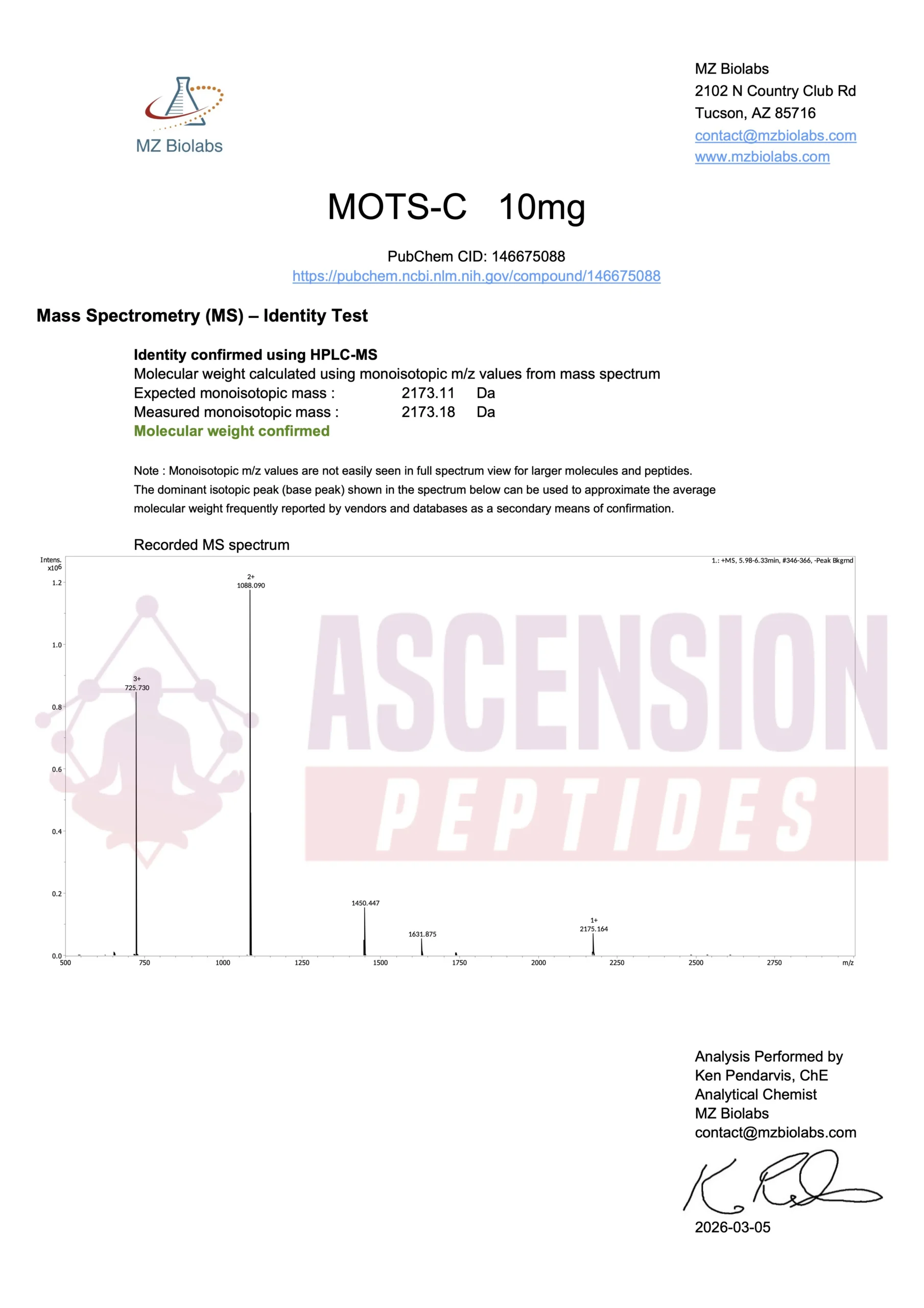 MOTS-c (10mg) Certificate of Analysis from Ascension Peptides