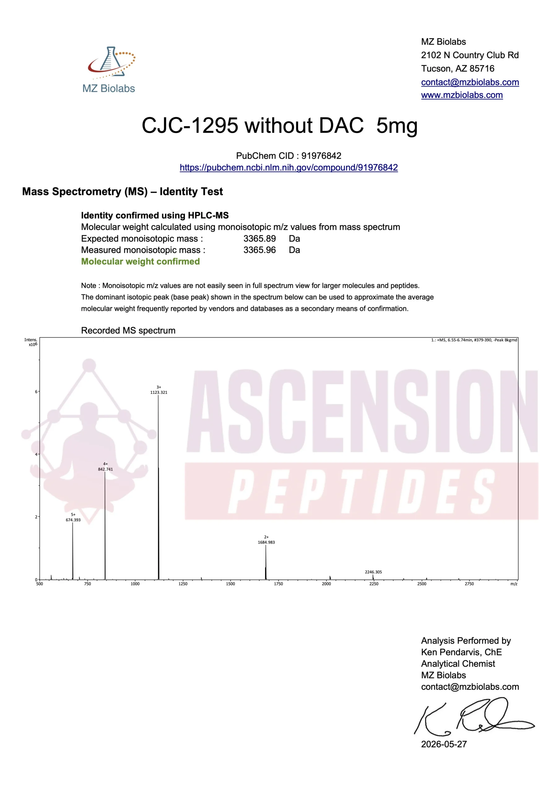 CJC-1295 (No DAC) (5mg) Certificate of Analysis from Ascension Peptides
